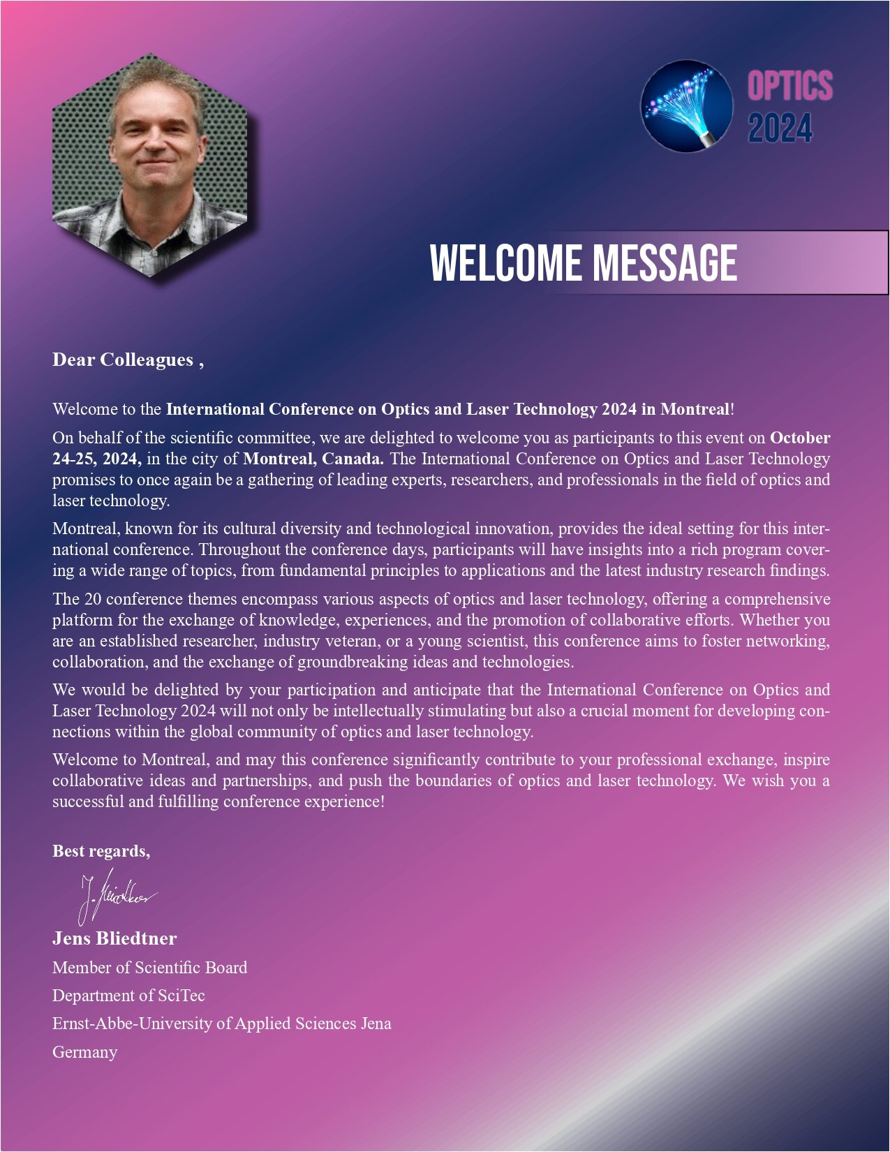 Message Optics 2024 optics conference Laser technology